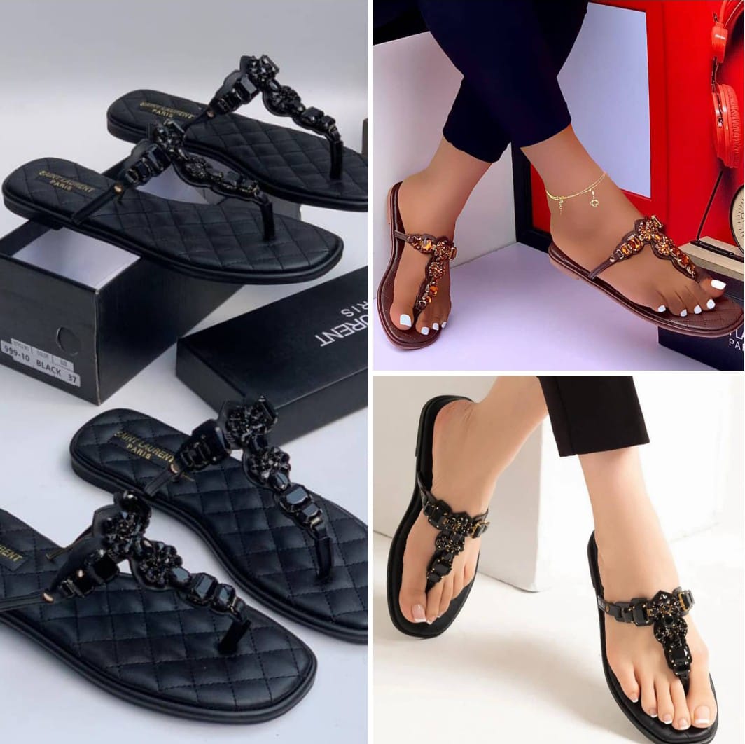 ​Saint Laurent (YSL) Cassandre Embellished Quilted Leather Sandals