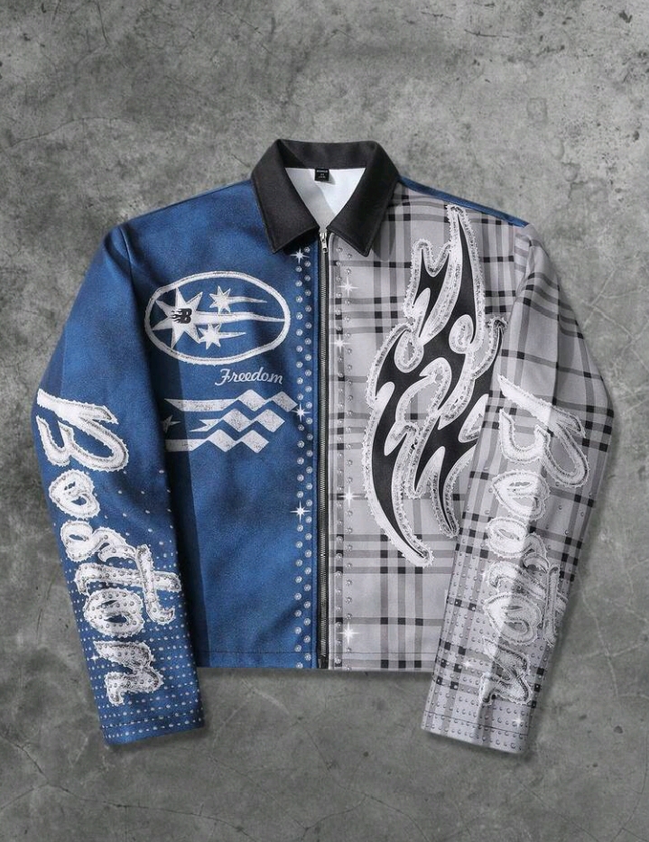 ROMWE MEN Street Life Spring Casual Graphic Men'S Casual Streetwear Contrast Color Print Jacket